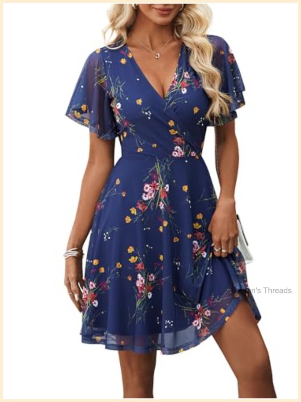 Floral Wrap V Neck Ruffle Sleeve A-Line Midi Dress Wedding Guest Cocktail